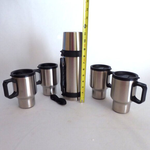 NEW STAINLESS STEEL THERMOS & TRAVEL MUG 5 PIECE SET CAMPING OUTDOOR - Picture 2 of 10